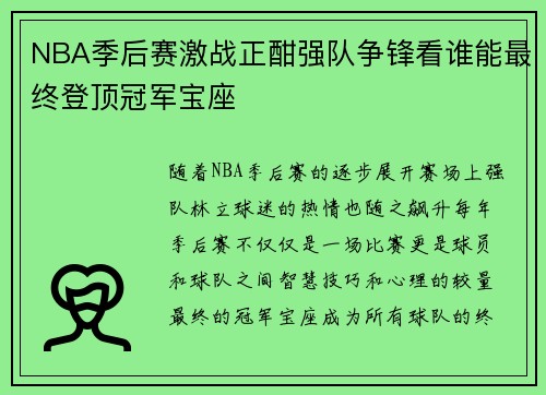 NBA季后赛激战正酣强队争锋看谁能最终登顶冠军宝座