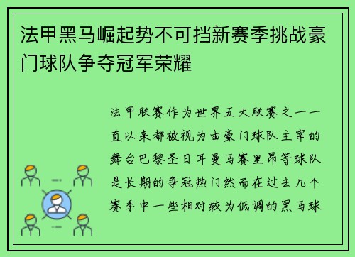 法甲黑马崛起势不可挡新赛季挑战豪门球队争夺冠军荣耀