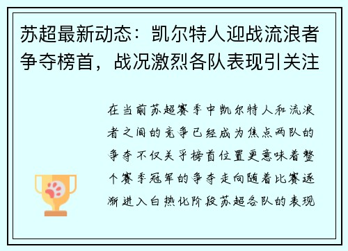 苏超最新动态：凯尔特人迎战流浪者争夺榜首，战况激烈各队表现引关注