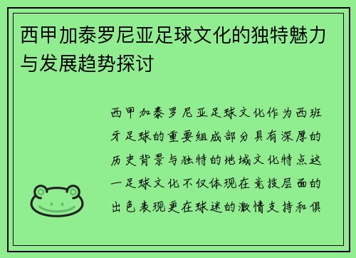 西甲加泰罗尼亚足球文化的独特魅力与发展趋势探讨