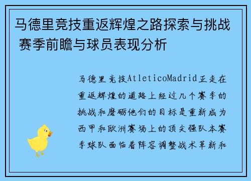 马德里竞技重返辉煌之路探索与挑战 赛季前瞻与球员表现分析