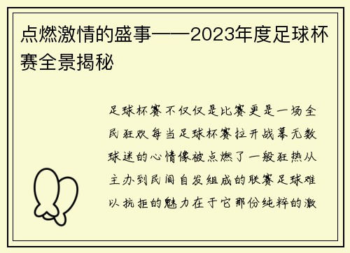 点燃激情的盛事——2023年度足球杯赛全景揭秘