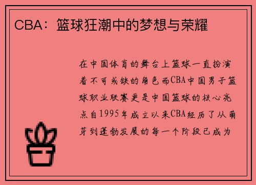 CBA：篮球狂潮中的梦想与荣耀
