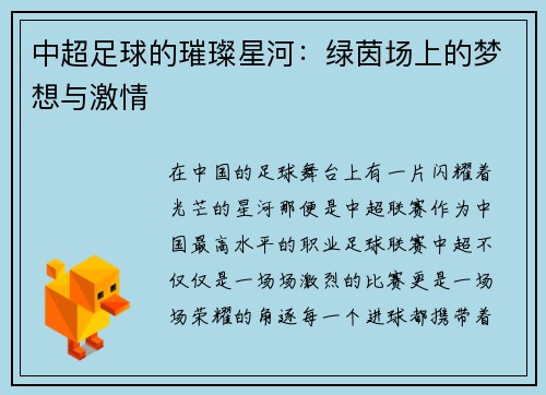 中超足球的璀璨星河：绿茵场上的梦想与激情