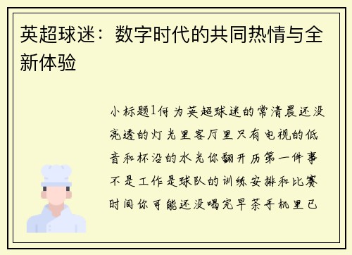 英超球迷：数字时代的共同热情与全新体验