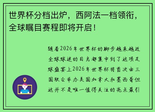 世界杯分档出炉，西阿法一档领衔，全球瞩目赛程即将开启！